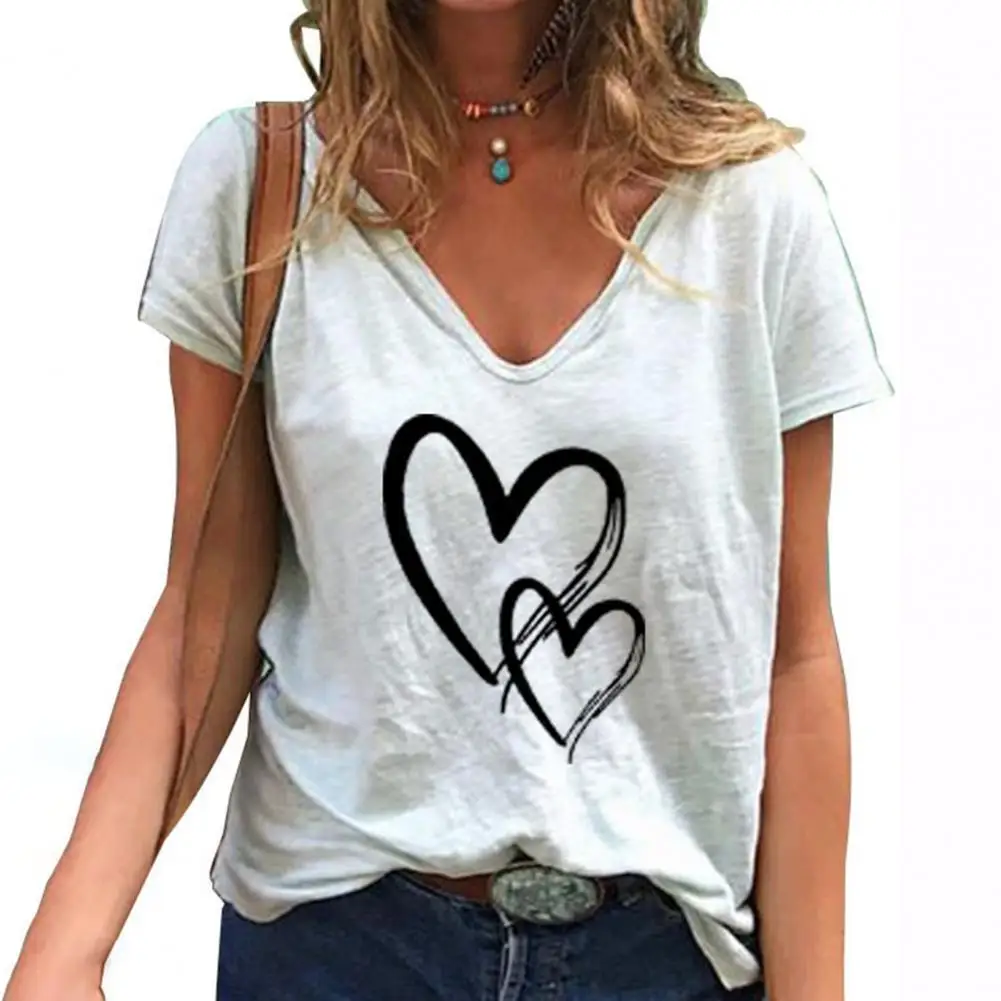 

Harajuku T Shirt Women Summer Tops Loose Heart Print Short Sleeve V Neck T-shirt Tops Women 2021 New Fashion Female Clothing