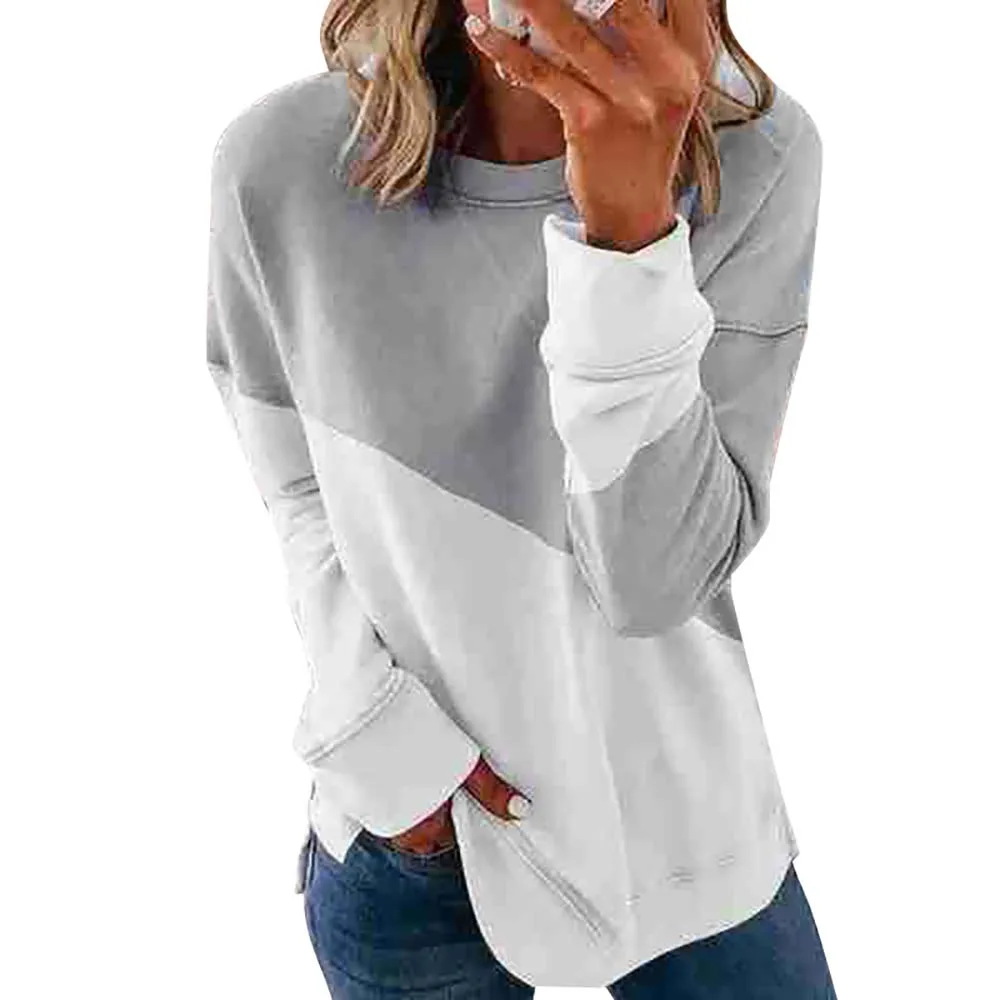 

Color Patchwork Women Sweatshirts Long Sleeve O Collar Hoodies Top Split Casual Loose Ladies Pullovers Autumn#w