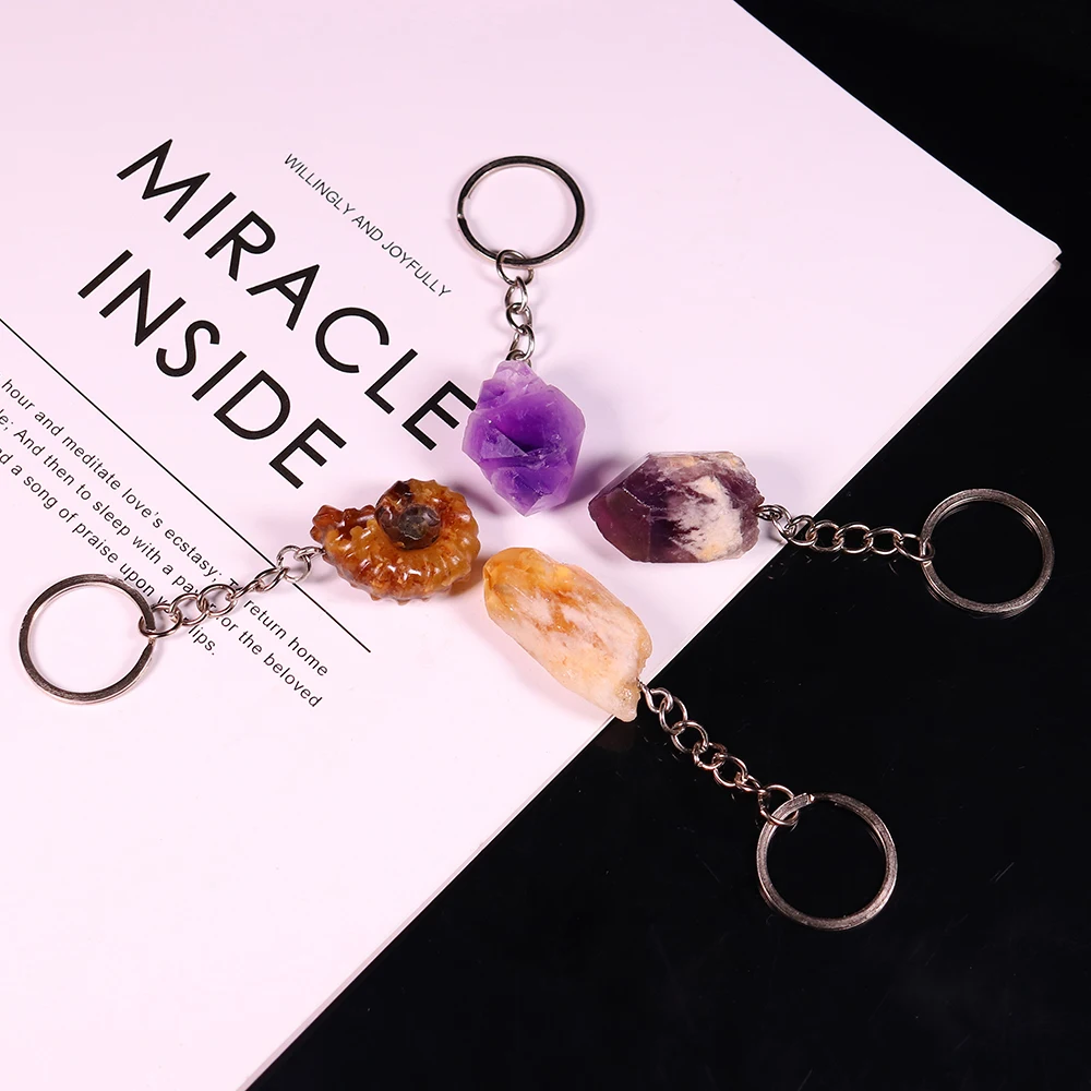 

1pc Natural Crystal Amethyst Stone Rough Keychain Citrine Purple Tooth Key Ring Pendant Pendulum Energy Amulet Decor Ornaments