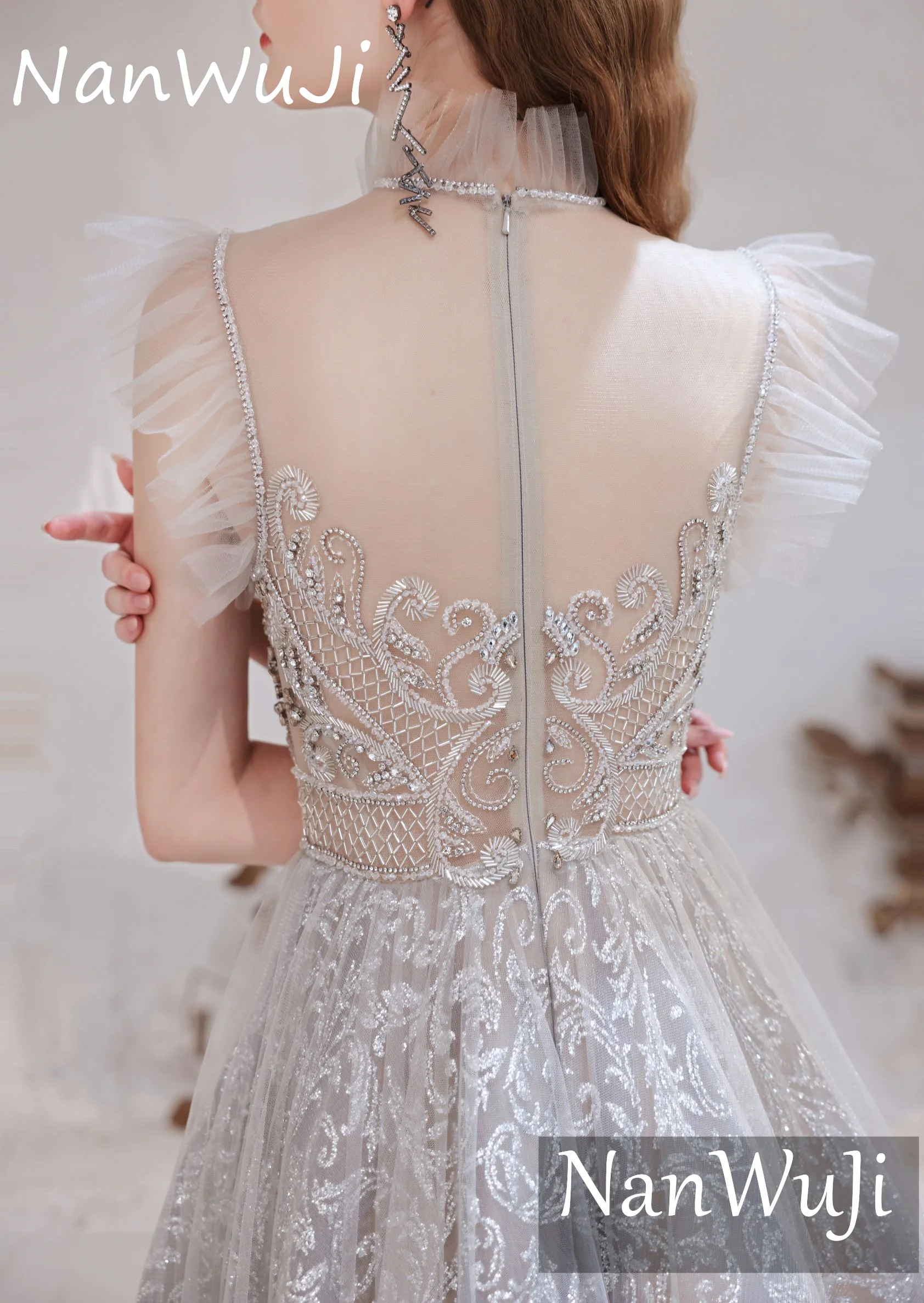 Sweetheart Princess Evening Dresses With Illusion Lace Flying Sleeve Wedding Crystal Beading Prom Party Gowns Robes De Soirée