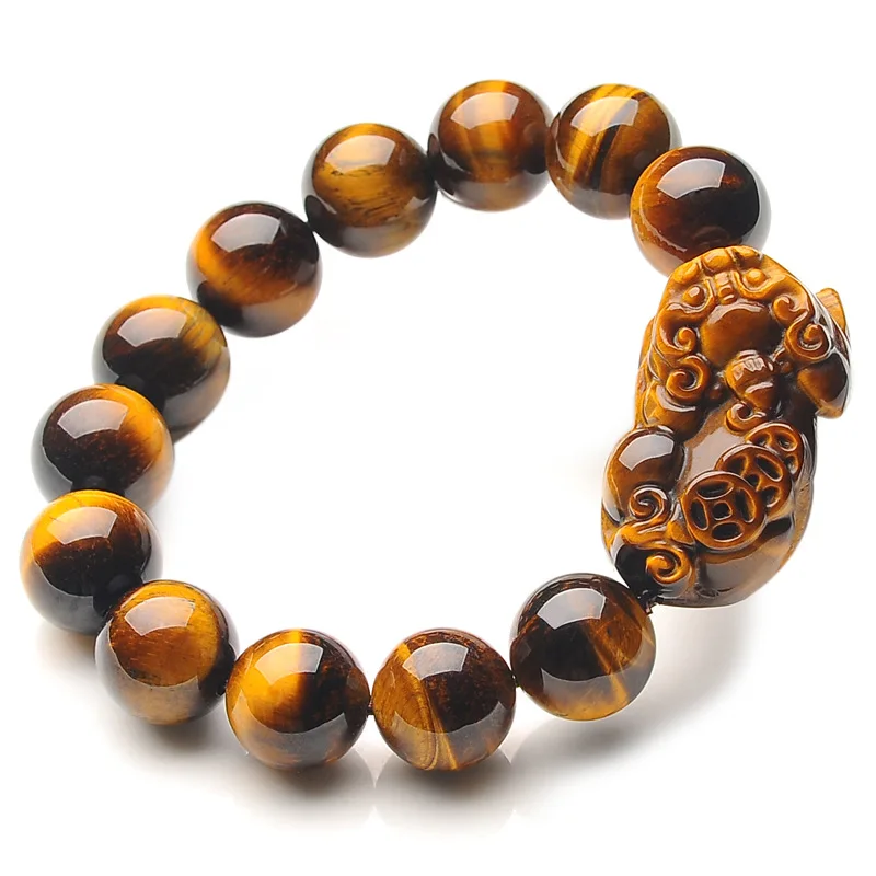 

Men's PIXIU Bracelets Yellow Tiger Eye Stone Brave Troops With Coin Round Beads Bracelets Gift for Male's Fine Jade Jewelry