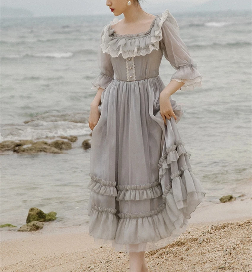 

Fashion Women Square Collar Holiday Beach Maxi Dress Vintage Summer Gray Mesh Patchwork Lace Ruffles Gorgeous Long Dress