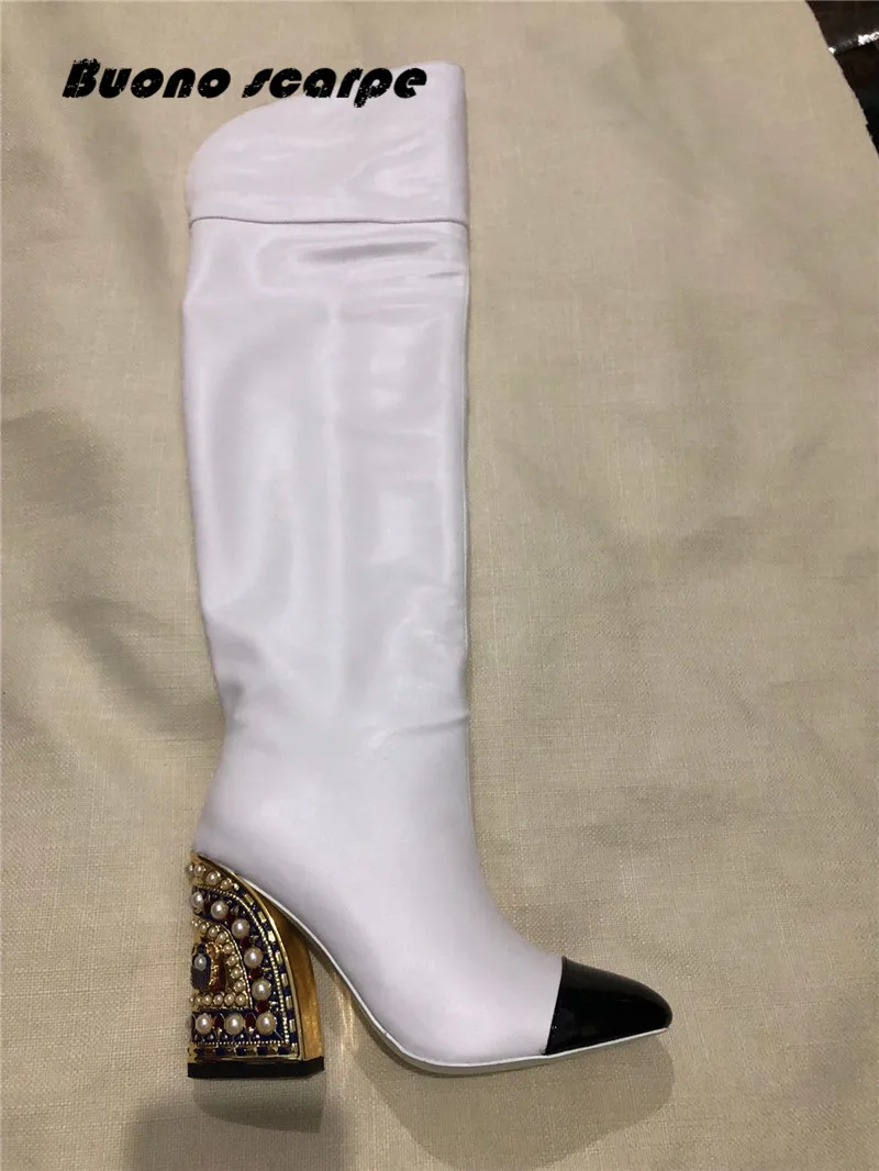 white Buonoscarpe/Новинка; модные кожаные ботинки золотистого цвета; Bota Feminina; Новое поступление; Botas Mujer; туфли на высоком каблуке со специальной формой - Цвет: white