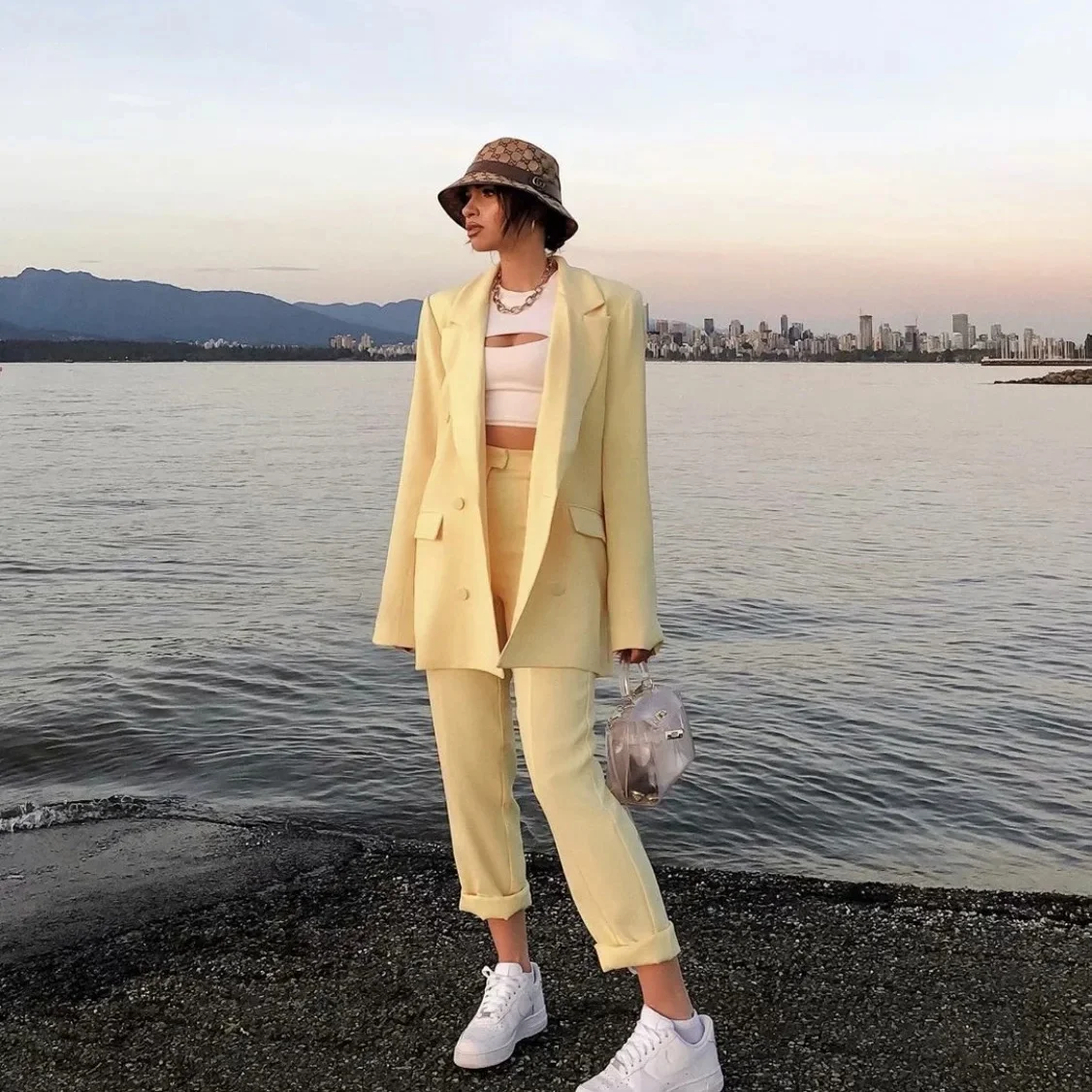 

Ins England Style Blazer Suit Women Double Breasted Solid Colors Office Blazer Casual Suit Yellow 2021 Spring Autumn New Fashion