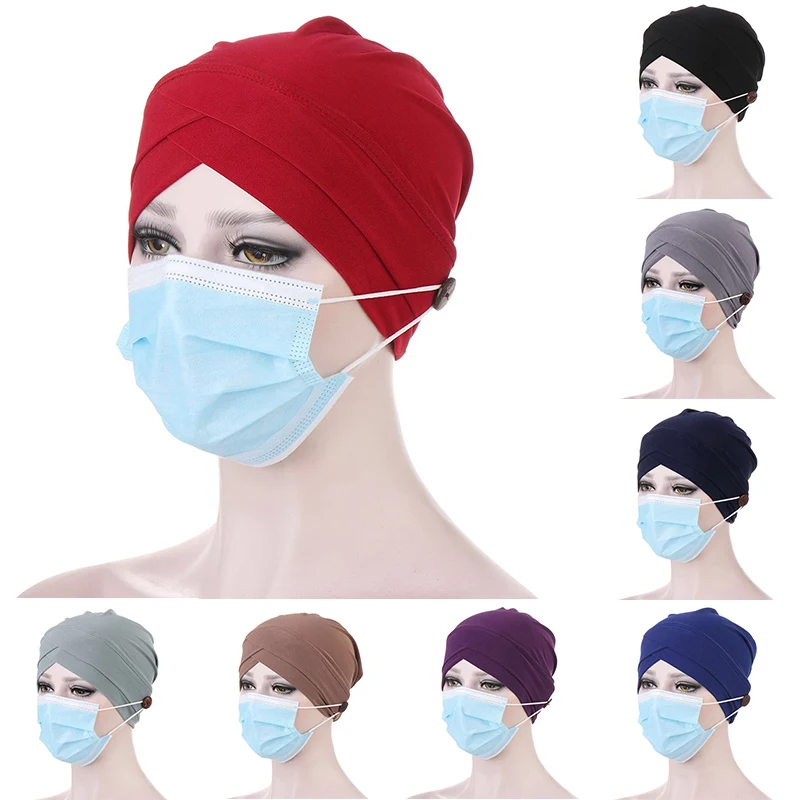 

Solid Color Muslim turban hat for women Fashion button linen Inner Hijab caps wrap head scarf hijabs bonnet ready to wear 2020