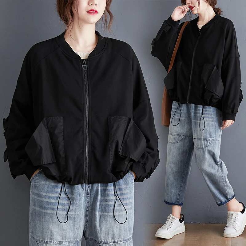 

Short Jacket Women Baseball Collar Loose Plus Size Clothes Spring New Fashion Pockets Zipper Coat Casual Patchwork Ruched Tops