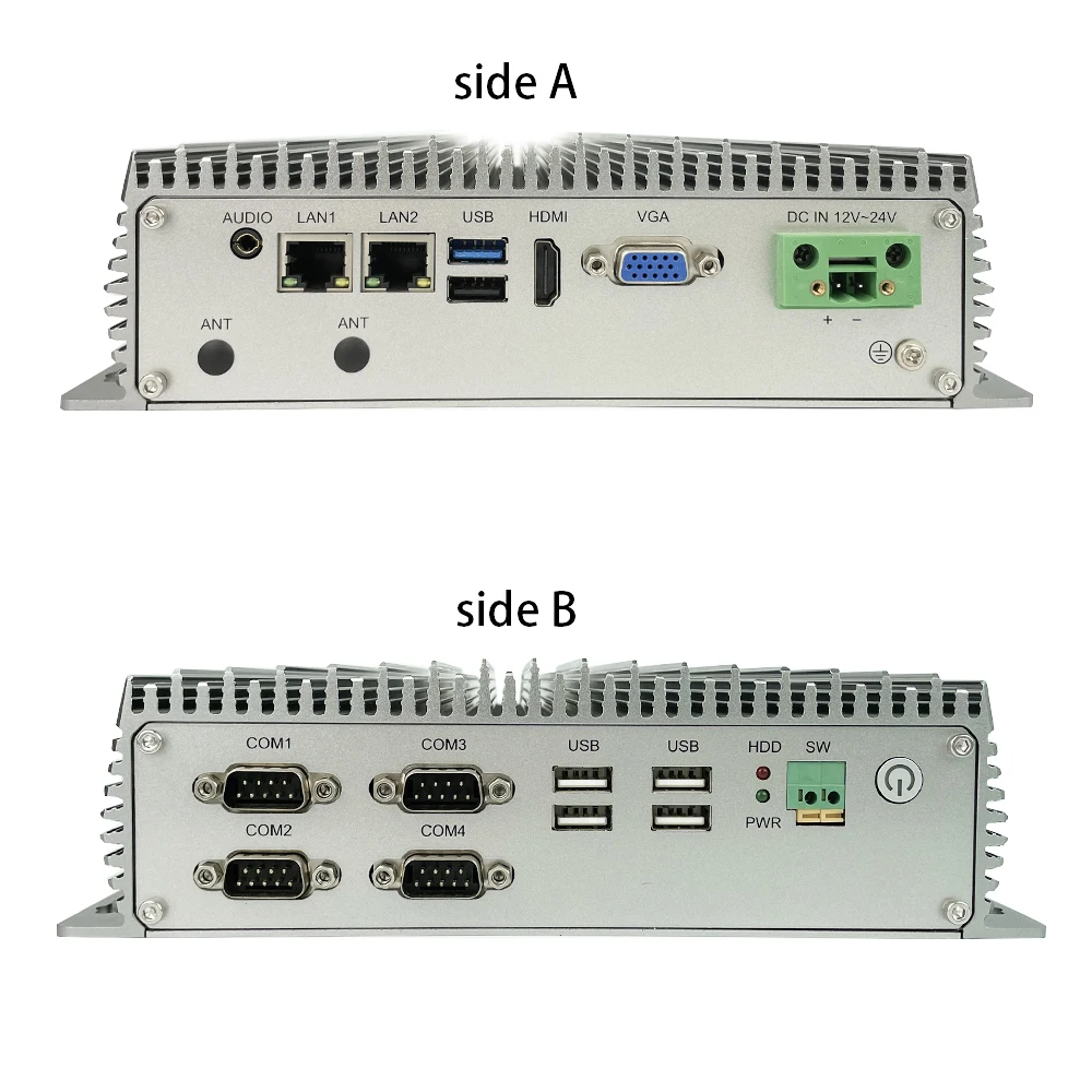 Verkaufen 7x24 Stunden Industrie Fanless Mini PC Intel I3-6100 I5-6200 J1900 3855U 6 * USB 4 * COM 2 * LAN Windows 10 Linux Mini Computer HD-MI