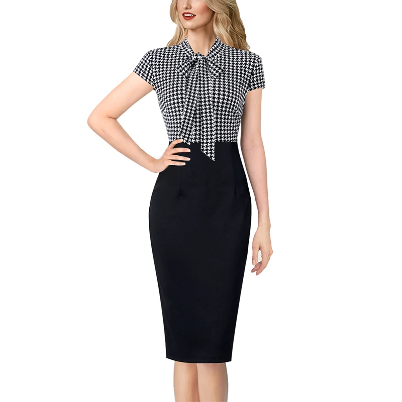 Black Houndstooth Vfemage женское элегантное платье с рукавами-колокольчиками и замочной скважиной на шее, с принтом, из кусков, для работы, бизнеса, офиса, вечерние, облегающее платье-футляр 2843 - Цвет: Black Houndstooth