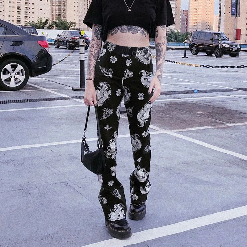 Новинка женские брюки в китайском стиле с драконом уличная одежда высокая талия