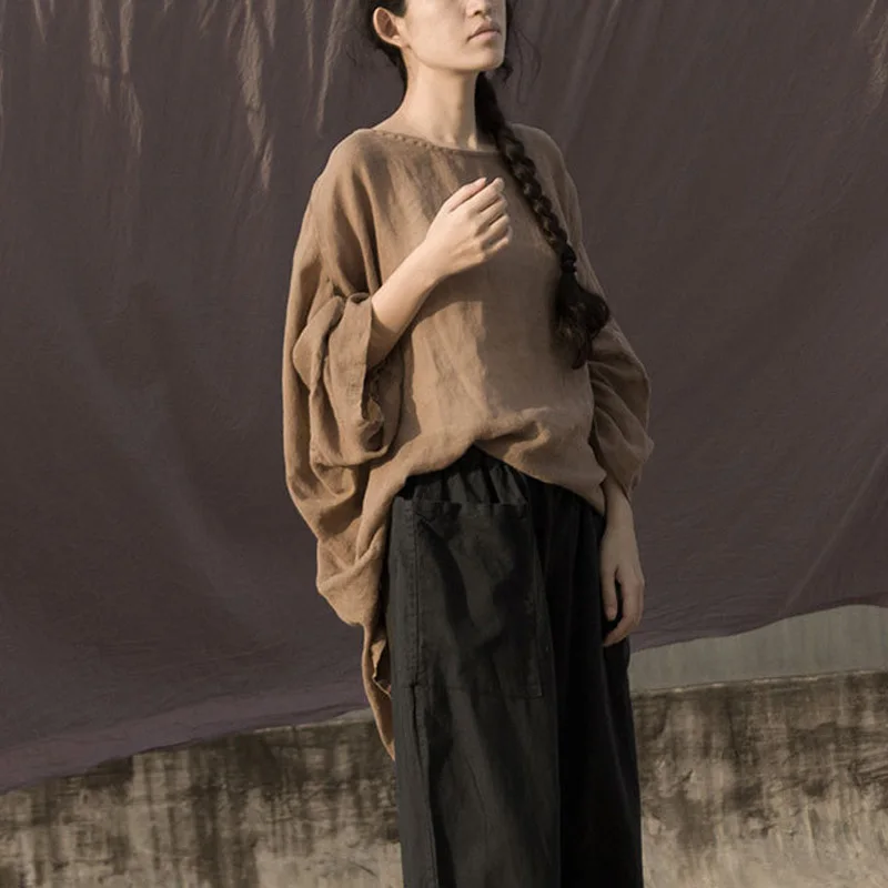 

Women Ramie Vintage T-Shirts High Quality 2021 Spring Summer Soft Plus Size Women Cloths Khaki Chinese Style T-Shirts