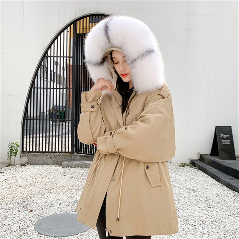 

The Original Color Fox Fur Collar Parkas Female Winter New Rabbit Fur Lining Navy Blue Parkas Korean Waisted Hooded Jacket
