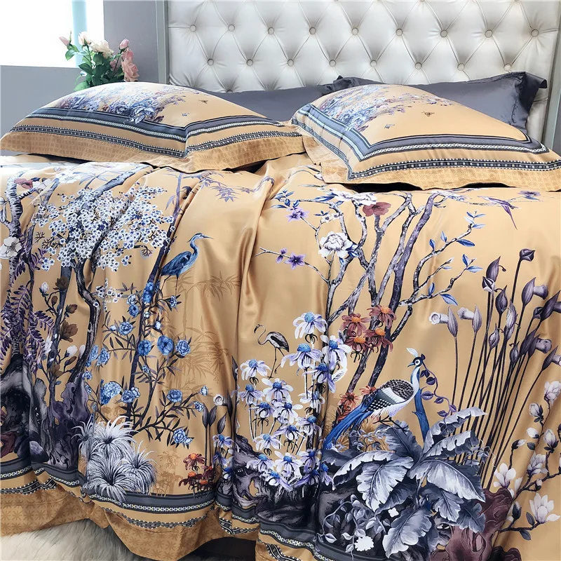 

HD print Tree Branch Birds Yellow Vintage Duvet Cover Set Luxury 1000TC Egyptian Cotton Bedding Set Queen King size 4Pcs Bed set