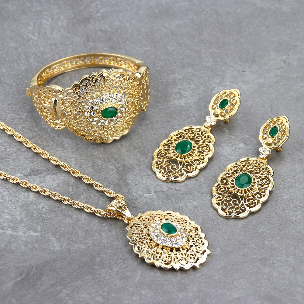 

Hot Sale Sunspicems Chic Morocco Wedding Jewelry Set Gold Color Drop Earring Cuff Bracelet Bangle Pendant Necklace Arab Hollow