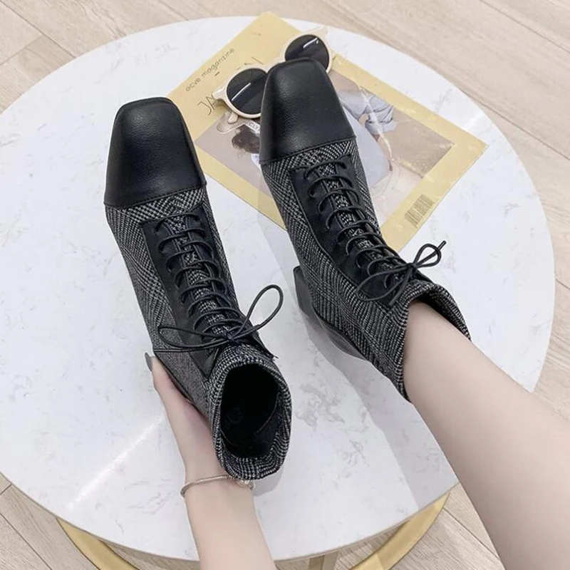 Зимние ботинки женская обувь женские Модные ботильоны с квадратным каблуком