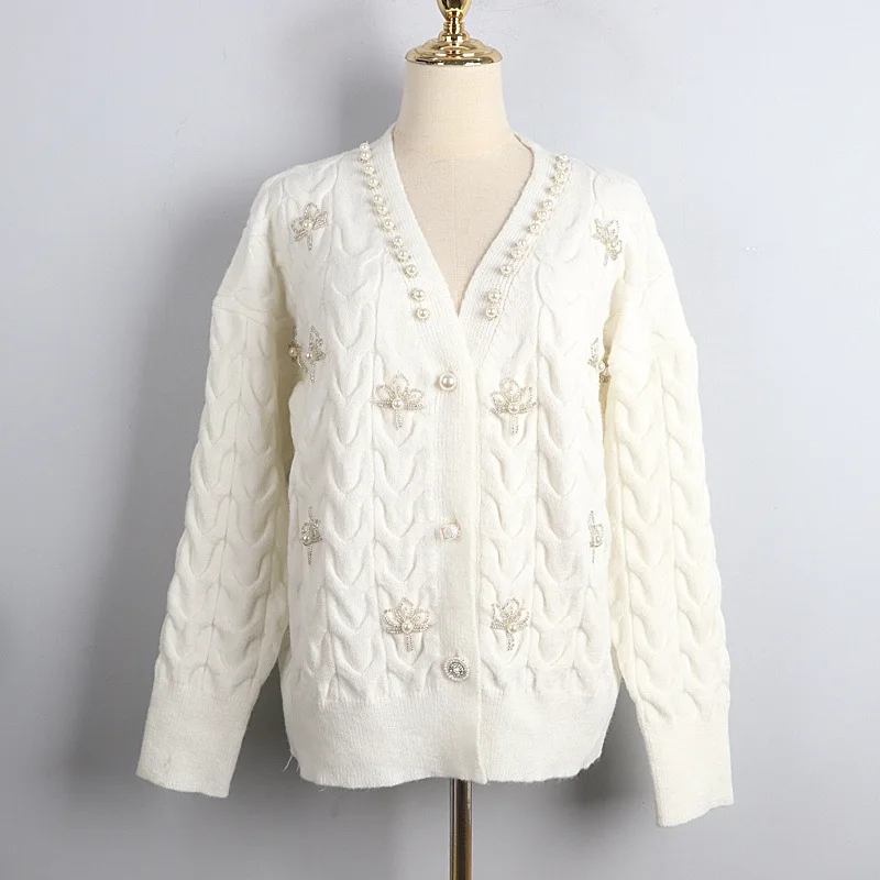 

930 2020 Autumn Free Shipping Sweater Cardigan White Beads V New Long Sleeve Flora Print Fashion Womens Clothes Dl