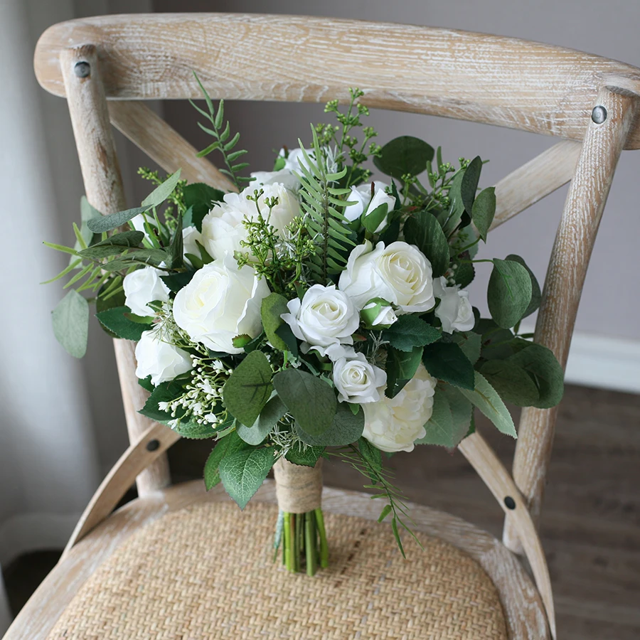 JaneVini винтажный белый зеленый Свадебный Шелковый букет Bloemen broiloft Aftificial Свадебные цветы Бохо букет цветов невесты