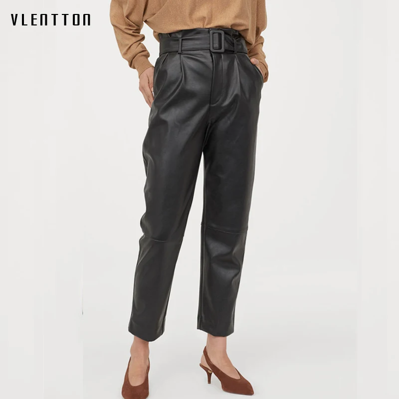 Брюки женские прямые из искусственной кожи с поясом повседневные черные штаны на