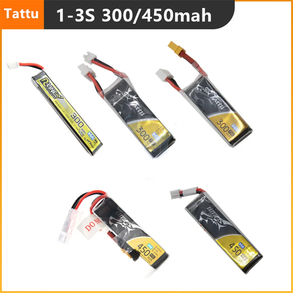 Tattu 300mah 450mAh Lipo Battery 1S 2S 3S 75C 95C 3.8V 7.6V 11.4V Lithium PH2.0 XT30 Plug for Tinyhawk FPV Racing Drone Kit Part