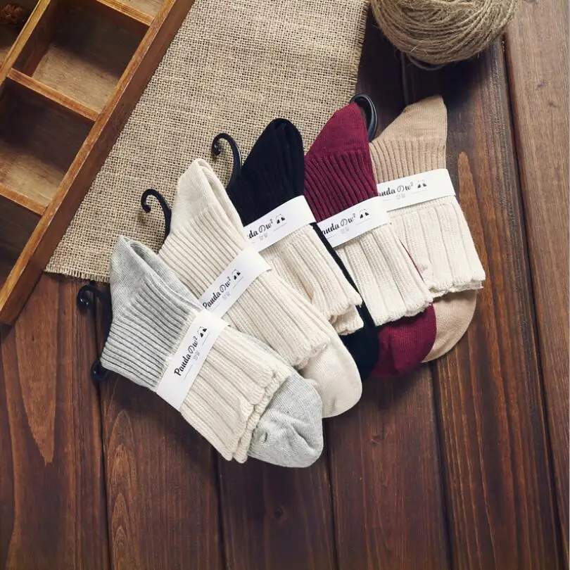 Women Solid Cotton Socks Girls Turned Cuff Socks Winter Socks Ribbed Ivory Ankle Socks Grey Crew Sock Black Red Sock 5 pairs/lot