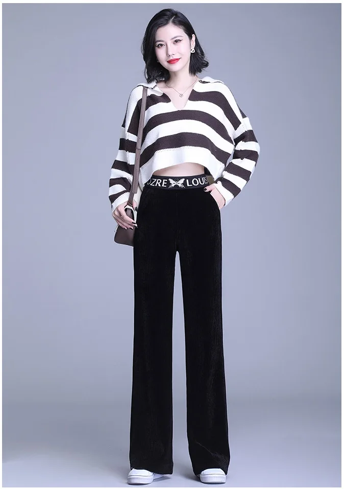 

Corduroy womens trousers for autumn winter new version large size chenille corduroy pants were thin high waisted wide leg pants