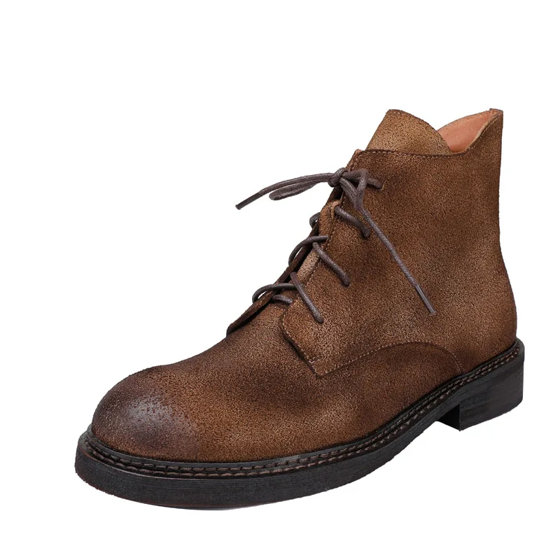 

2020Winter New leather Martin boots women's casual round toe vintage brushed lace-up thin boots