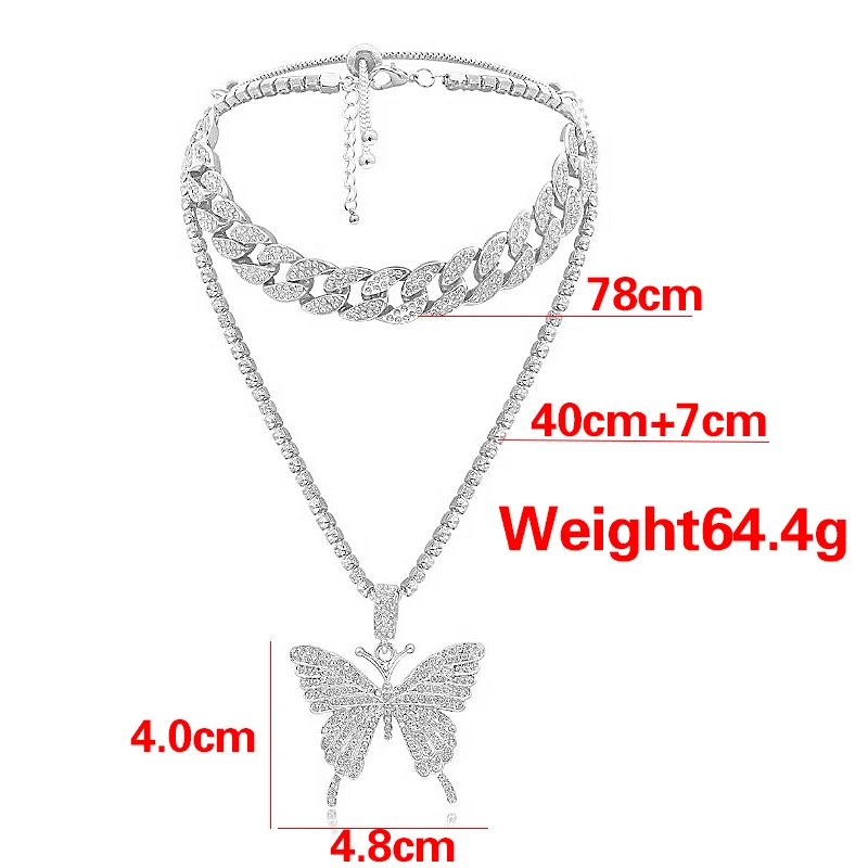 

Exaggerated Butterfly Pendant Necklace Double Layer Chain Iced Out Butterfly Necklace Women Babygirl Bling Crystal Jewelry