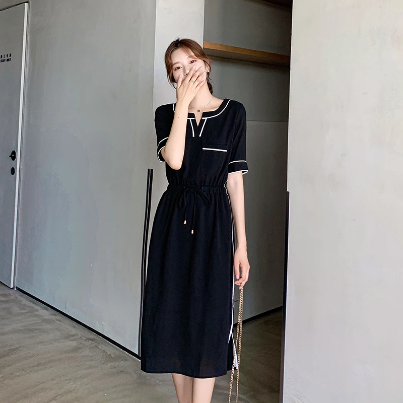 

2021 Summer New Chiffon Long Dress Women Black Slim V-neck Short Sleeve Elastic Waist Ruffle Dress Elegant Boho Party Vestidos