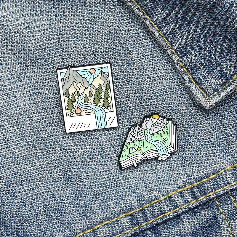 

Camping Enamel Pin Custom Mountain Forest Photo Picture Book Brooch Bag Clothes Lapel Pins Badge Jewelry Gift for Friends