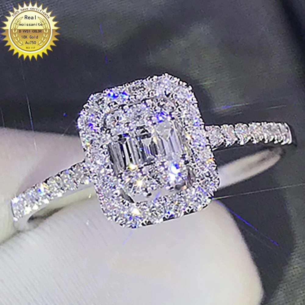 

18K Au750 White Gold Wedding Party Engagement Ring Rectangle Emerald Victorian Moissanite Diamond Ring Trendy Cute Romantic