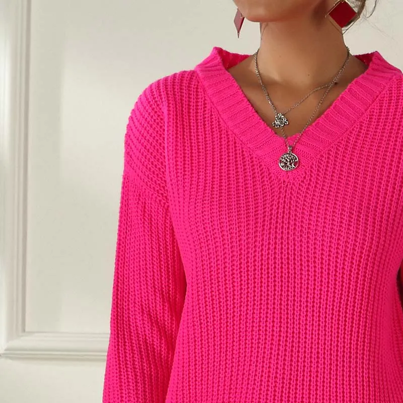 

JIALI 2021 Spring Autumn Solid sweater women pullover V-Neck Long Sleeve Slim knitted Casual Fashion ladies Clothing trendy Top