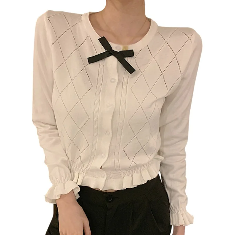 

Knitted Cardigan Blouse Tops Women Knitwear Solid O-Neck Casual Long Sleeve Fall Outfits with Bow Sweet Clothes