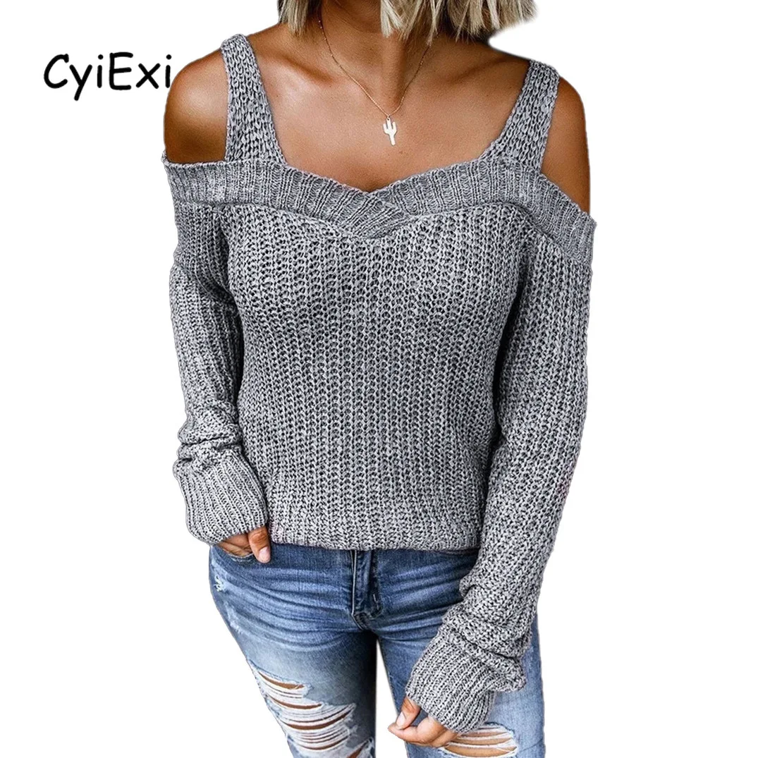 

Женский вязаный свитер с открытыми плечами CyiExi, повседневный однотонный укороченный свитер с длинными рукавами, пуловер размера XL на осень ...