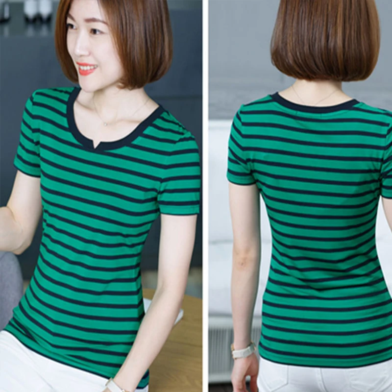 

Women's Spring Summer Style Cotton T-shirt Women's Short Sleeve Striped O-neck Loose Elegant Casual T-shirt DD8319