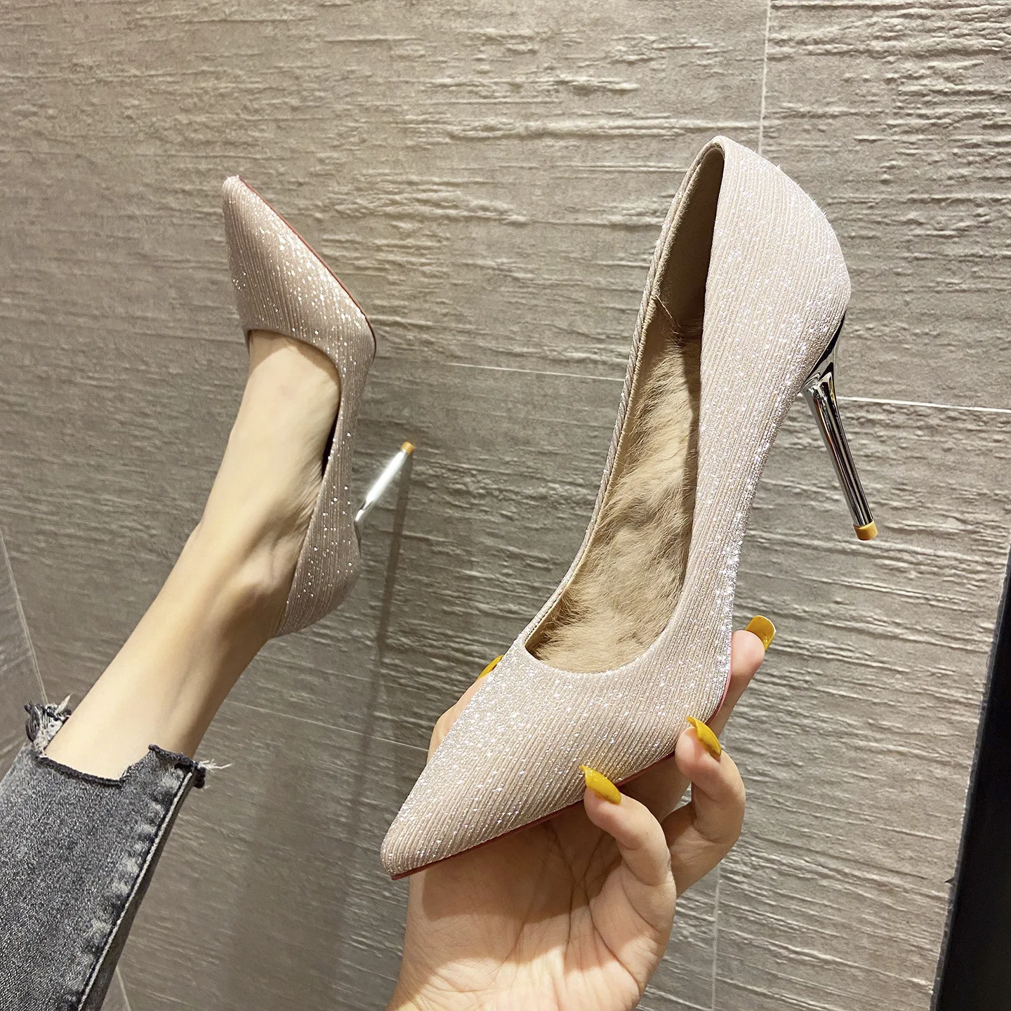

Nightclub sexy super high heels pointed toe stiletto wedding shoes luxury banquet shallow mouth single shoes women's shoes