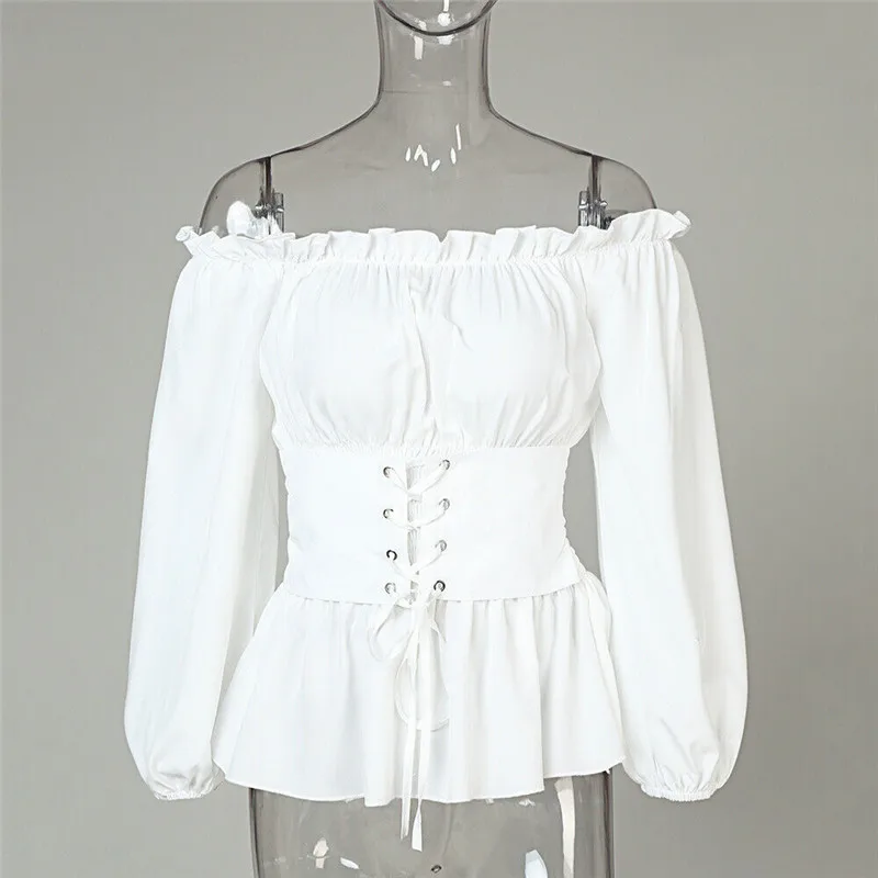 

CHRONSTYLEWomen Long Sleeve Shirts Ruffles Sexy Off Shoulder Slash NeckWith Belt Bandage Slim Blouses Solid Female Shirts 2021