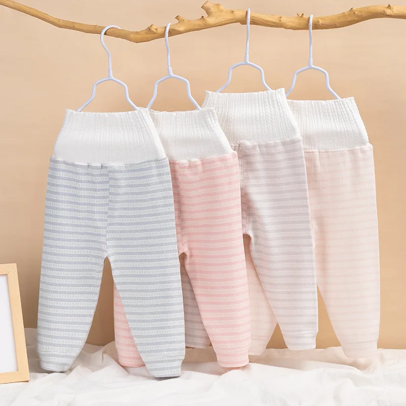 

Осенние брюки для новорожденных из чистого хлопка, детские брюки с высокой талией для защиты живота, теплые брюки двойного назначения с про...