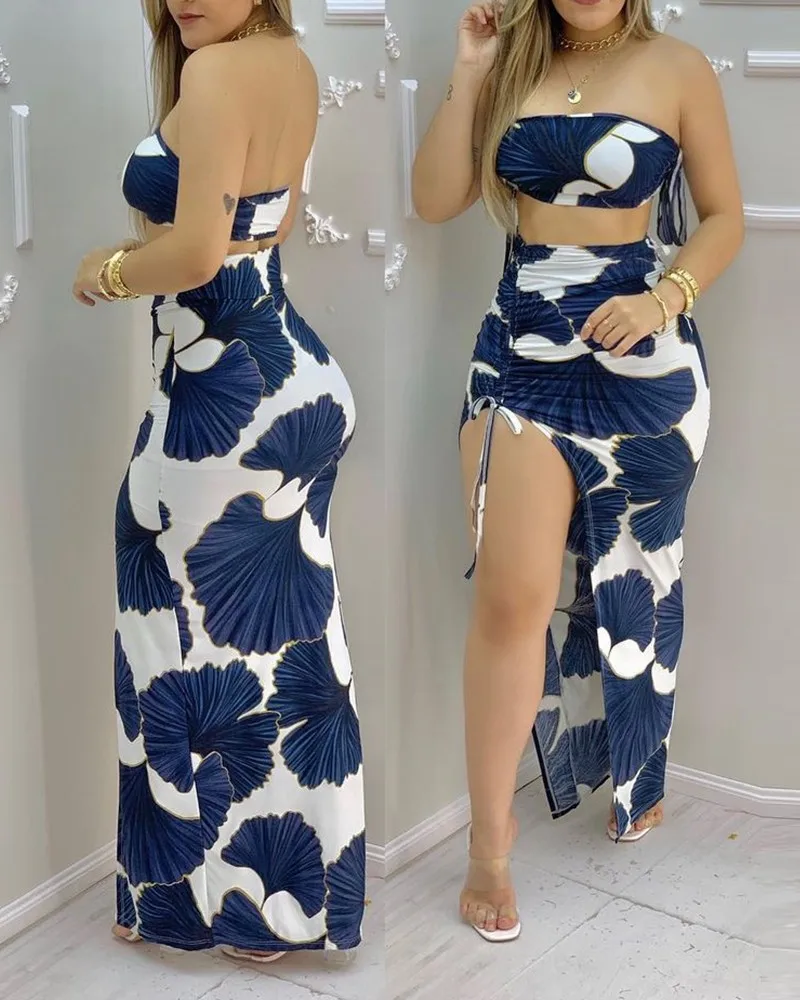 

All Over Print Bandeau Crop Top & Drawstring High Slit Skirt Sets Sexy Summer Women