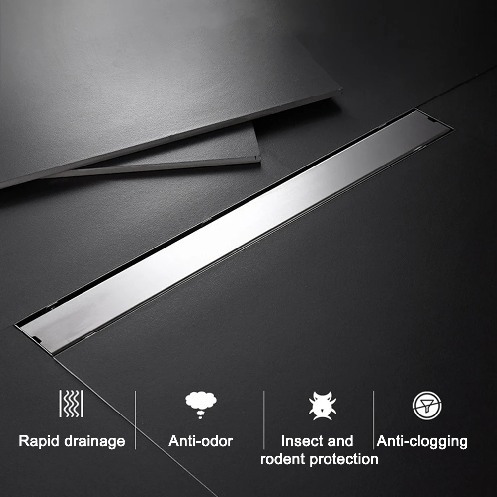

20-100cm Invisible Side Outlet Floor Drain Silver Stainless Steel Bathroom Shower Drainage Rectanle Waste Drain Strainer