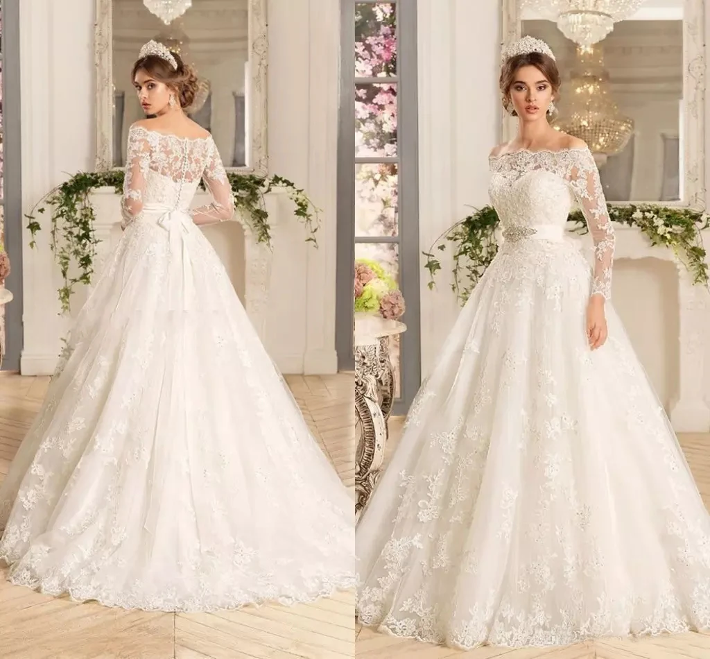 

Custom Long Sleeves Lace Appliques Wedding Dresses 2020 With Beads Sash Sweep Train Tulle Wedding Bridal Gowns Vestido De Noiva
