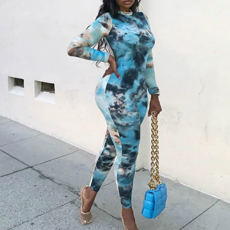 

Women Sports Casual Rompers Overall Fashion Autumn Clothes Long Sleeve Skinny Stretch Jumpsuits Pants Tie-dye Print Tracksuit