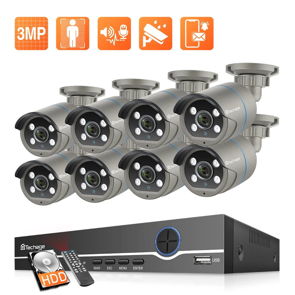 

Система видеонаблюдения Techage, H.265, 8 каналов, 3 Мп, POE, 1296px, NVR, P2P, наружная IP-камера с записью звука