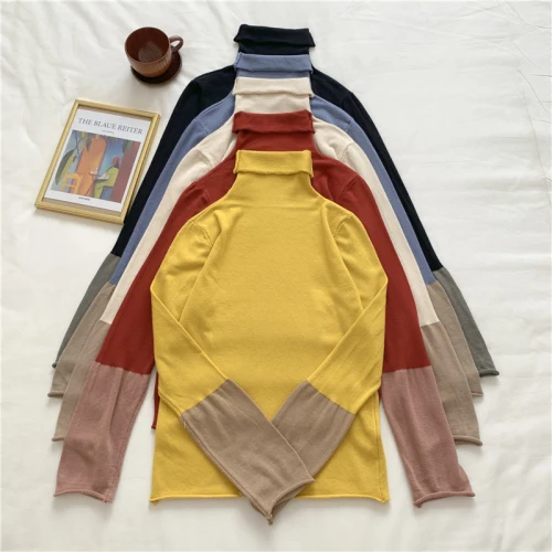 

Contrast Color Turtleneck Sweater Top Women Stretch Basic Knitted Shirt Fashion 2020 Autumn Winter Pullover Jumper