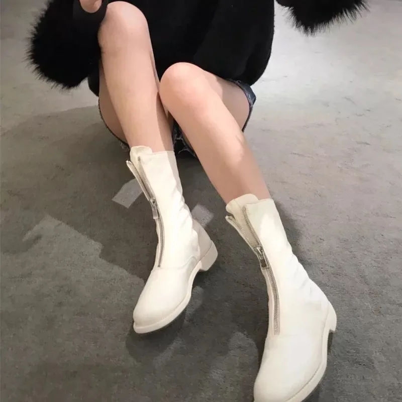 

Net Red With The Front Zipper Boots Female 2021 Autumn And Winter New Leather Boots Martin Boots White Tube Boots