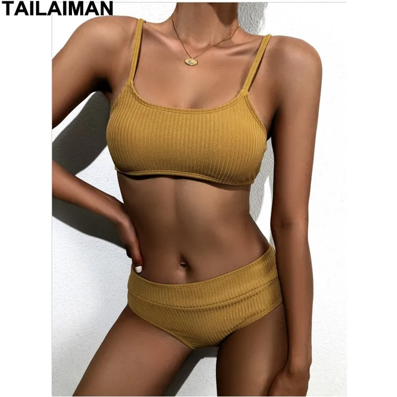 

2021 Swimsuit Women's New Split Solid Color Sexy Bikini Knitted Thread Jacquard Triangle Swimwear Vacation Single Product