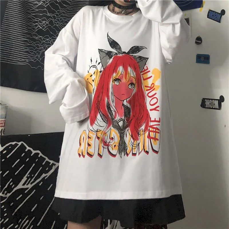 

Anime girl t-shirt long-sleeved autumn new Korean version ins dark Japanese printing loose wild long-sleeved female student top