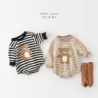 boys and girls baby cartoon striped bear print long sleeve triangle romper cotton 2022 spring new korean style ins round neck