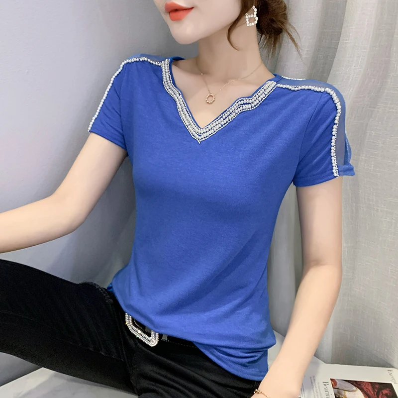 

New 2021 Summer Short Sleeve Mesh Tops Fashion Casual Beading Women's T-Shirt Plus Size Lady Blusas Clothes