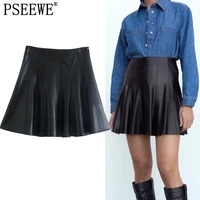pseewe za faux leather mini skirts woman black high waist a line skirt women autumn pleated short skirts fashion vintage skirt