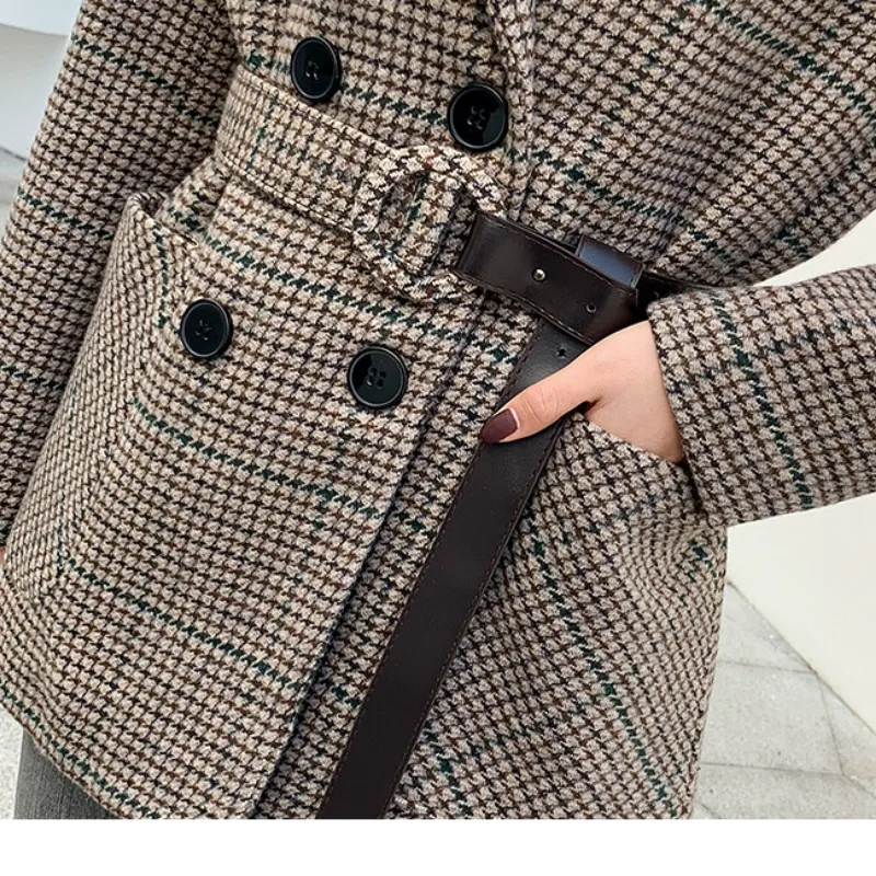 

Autumn and winter new small suit plaid waist woolen cloth jacket female Korean fashion style plus cotton suit coat trend