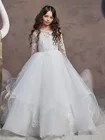 Романтические недорогие платья с открытыми плечами для девочек с цветами для свадьбы невесты иллюзия с длинными кружевными рукавами тюль цвета шампанского дизайнерские для детей